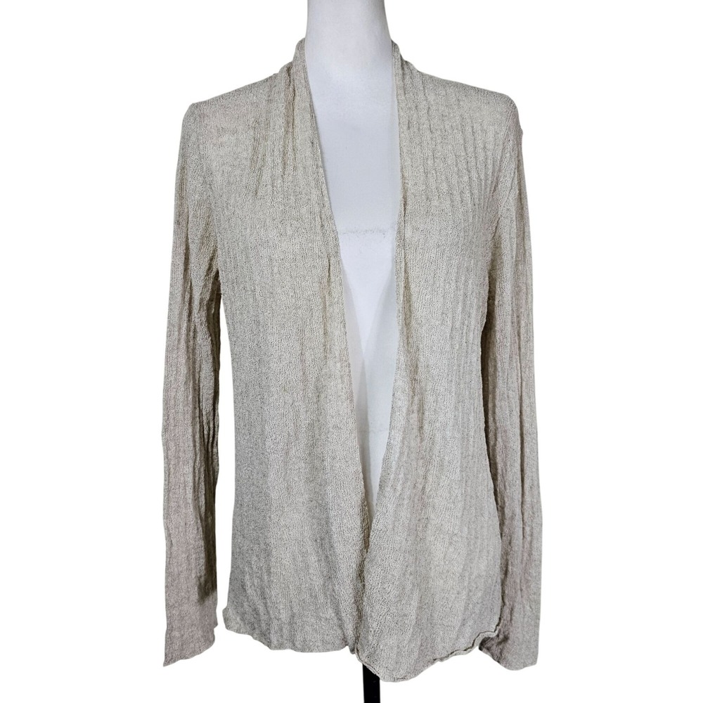 Eileen Fisher Womens Open Front Tight Knit Linen Rayon Cardigan Size L Cream